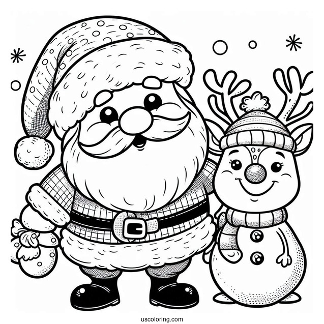 Santa With Rudolph And Snowman To Color