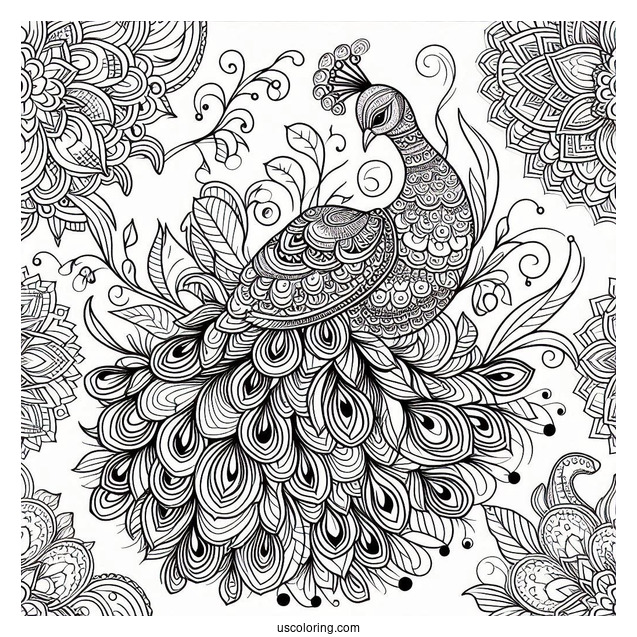 Peacock Coloring Page in Ornamental Mandala Style With Floral Pattern