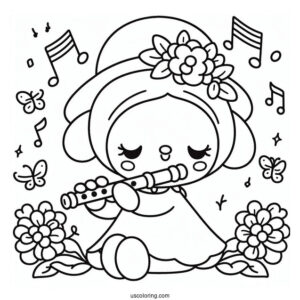 My Melody Coloring Page Playing Flower Flute While Rhythm Sings