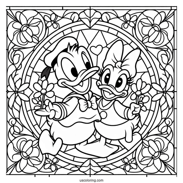 Easy Donald Duck And Daisy Duck Stained Glass Coloring Page For Kids