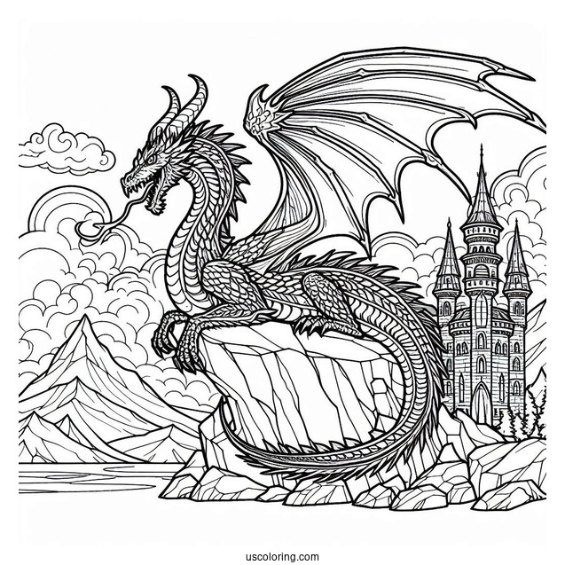 Dragon On Top Of Medieval Castle To Color