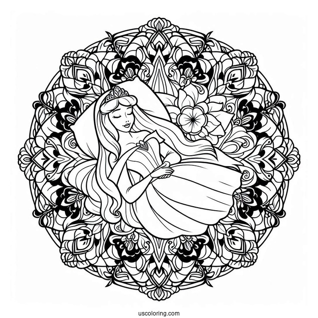 Sleeping Beauty Coloring Page Of Princess Aurora At The Center Of A Flower Mandala
