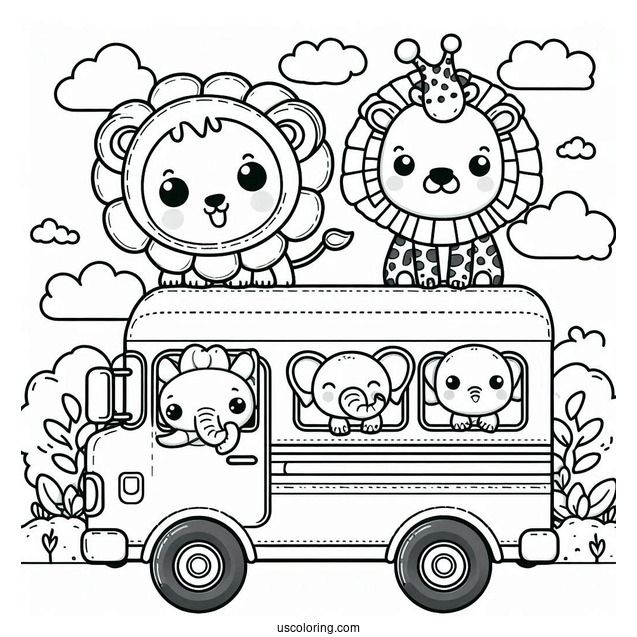 Kawaii Lion, Elephant, and Giraffe on School Bus Coloring Page For Kids