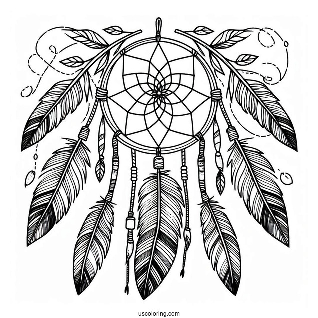 Native American Coloring Page Of Dreamcatcher With Long Feather