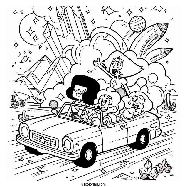 Steven Universe Coloring Page Of Driving Car With Pearl, Amethyst, Bismuth, And Garnet