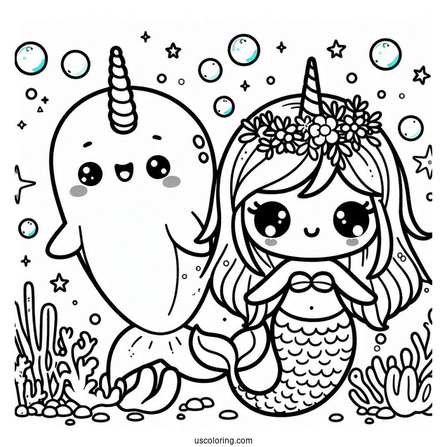 Kawaii Mermaid And Narwhal Coloring Page Under The Sea
