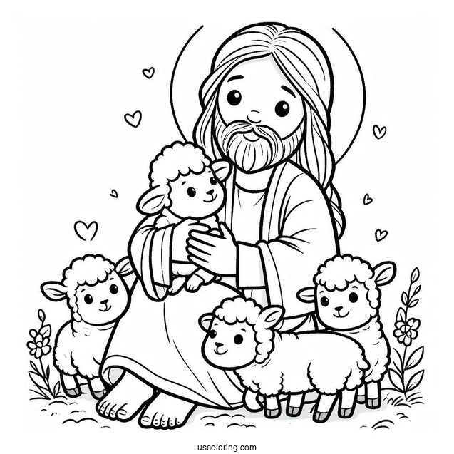 Easy Cute Cartoon Jesus With Lambs Coloring In