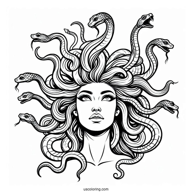 Realistic Medusa Coloring Page With Large Snakes On Head