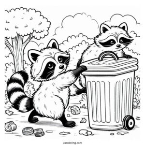 Raccoon Coloring Page Pushing A Garbage Bin