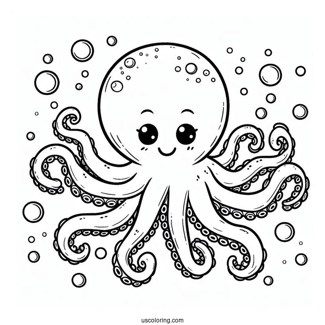 Cartoon Octopus Coloring Page With Bubbles
