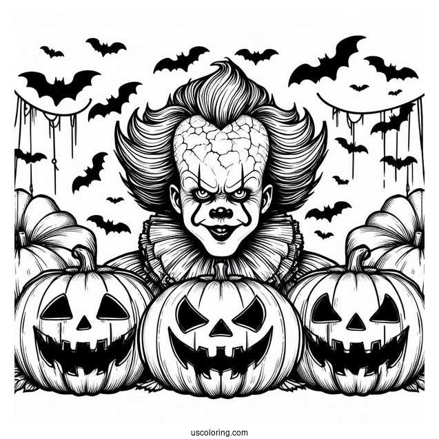 Pennywise Coloring Page With Bats And Jack O Lanterns