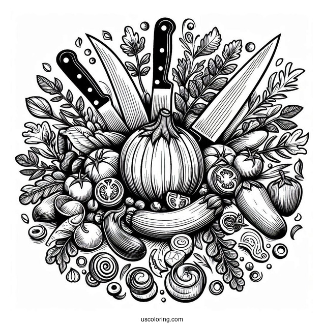 Ratatouille Coloring Page Surrounded By Kitchen Knives