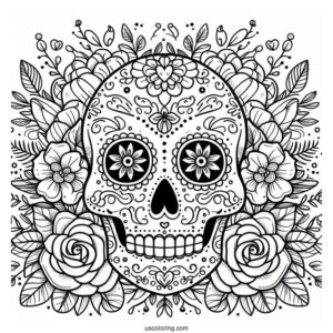 Floral Sugar Skull Coloring Page For Kids