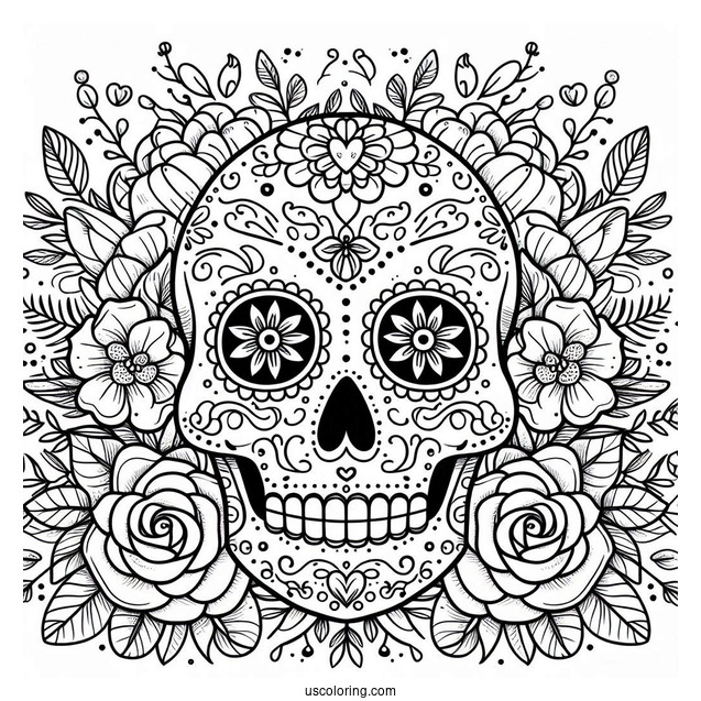 Floral Sugar Skull Coloring Page For Kids