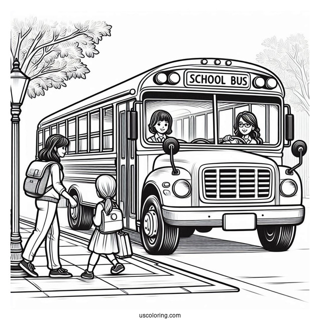 School Bus Picking Up Students At Bus Stop