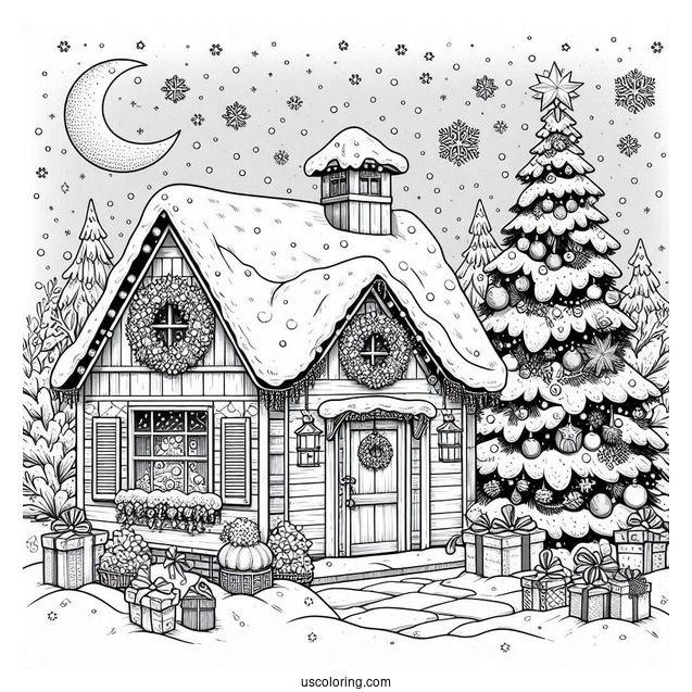 Christmas Coloring Pages For Adults Of House Covered In Snow On Christmas Day