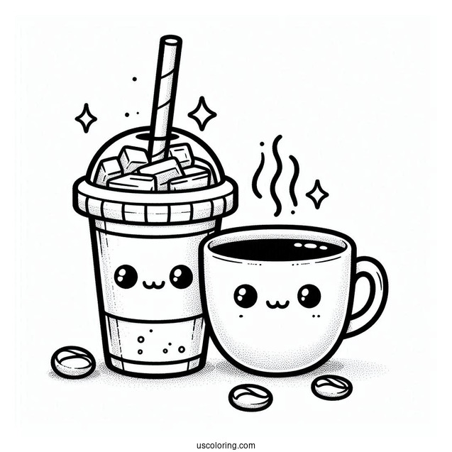 Cute Coffee Coloring Pages Of Cup Next To Cup Of Iced Beverage