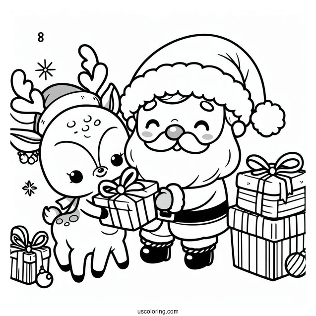 Cute Santa And Rudolph With Presents Coloring Page
