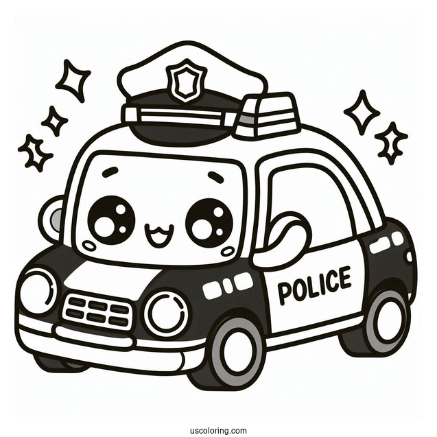 Kawaii Police Car Coloring Page With An Officer Inside Waving For Preschoolers
