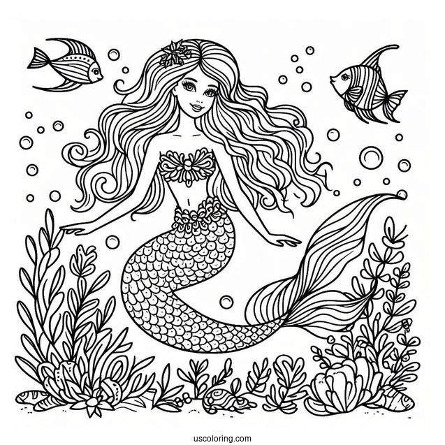 Mermaid Barbie Under Water To Color