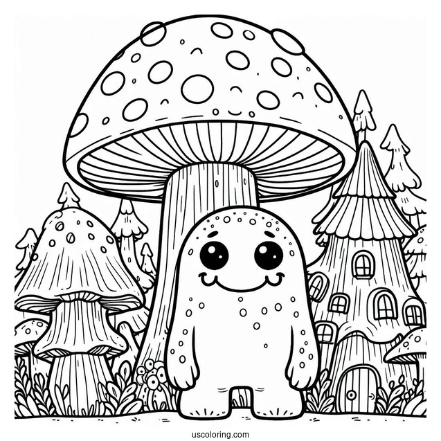 Grinning Monster Standing In Front Of Mushroom Coloring Page Of Houses