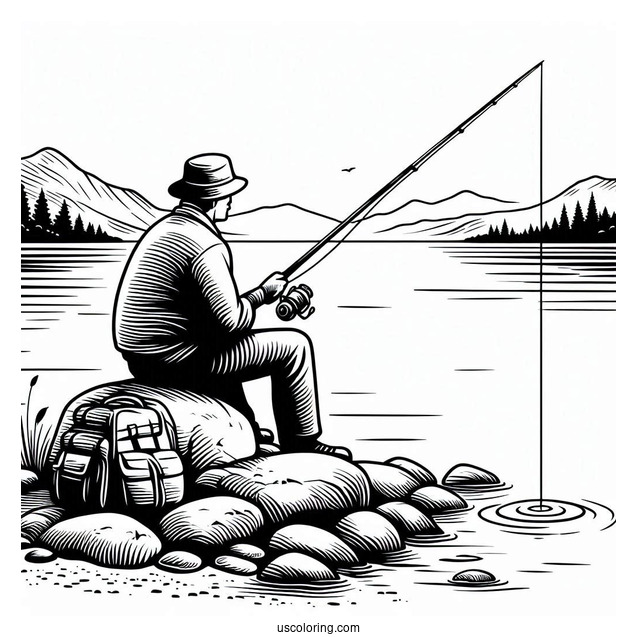Easy Man Sitting On Rock Fishing Coloring Page
