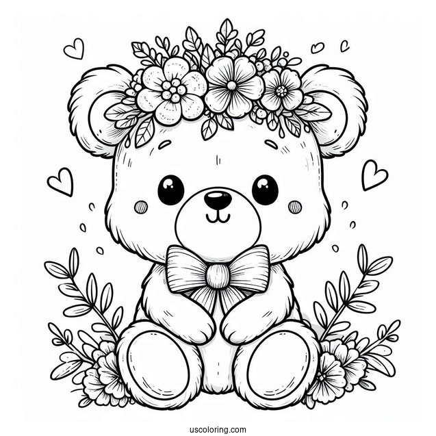 Easy Cartoon Bear With Flower Crown And Bow Spring Coloring Page