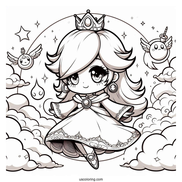 Chibi Princess Rosalina In The Sky With Lumas Coloring Sheet