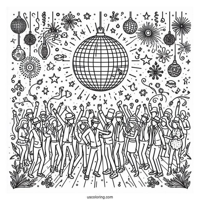 New Year Coloring Page Of Party With Disco Ball Over The Dancers