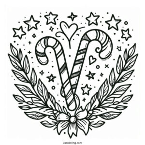 Love Heart Candy Cane Coloring Page With Laurels And Stars