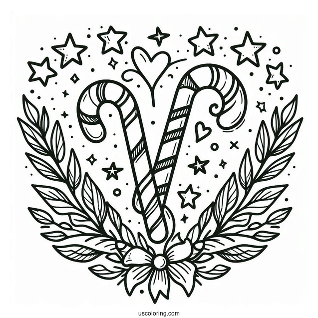 Love Heart Candy Cane Coloring Page With Laurels And Stars