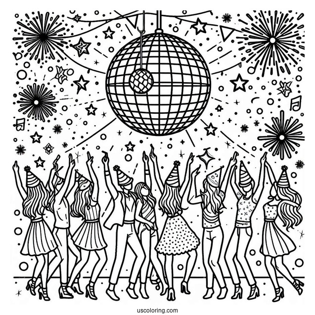 New Year Coloring Page Of Party With Disco Ball Over The Dancers