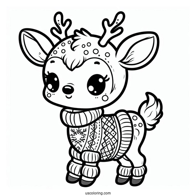 Baby Reindeer Wearing a Christmas Sweater To Color