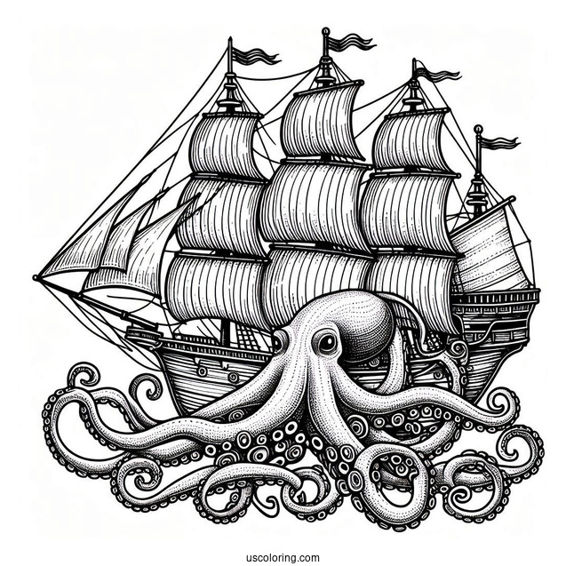Giant Kraken Octopus Coloring Page Capturing Ship