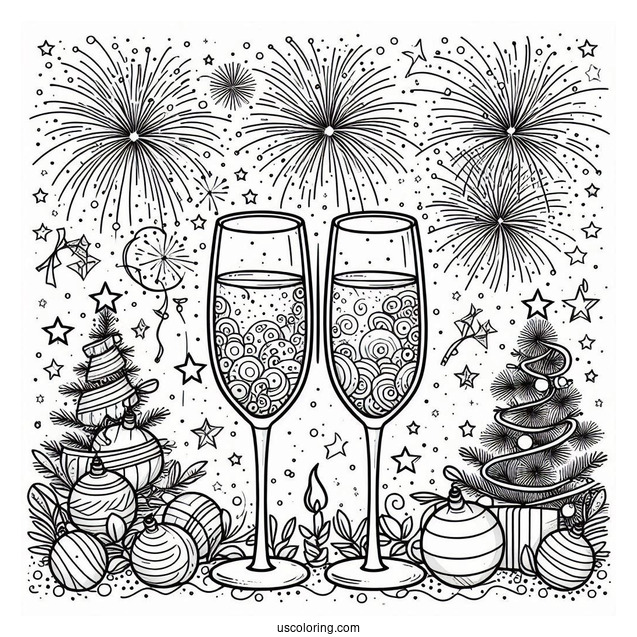 New Year Coloring Page Of Bubbly Wineglasses With Fireworks In The Background