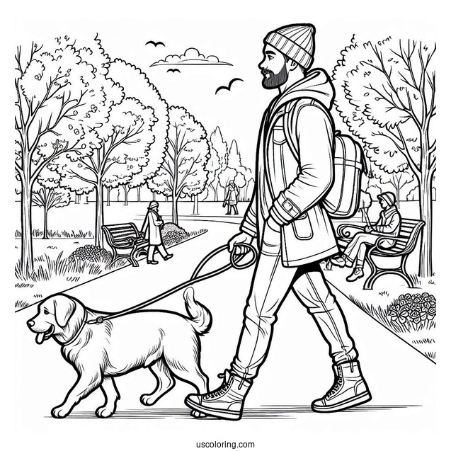 Coloring Sheet Of Man Walking His Dog In Park
