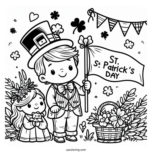 St. Patrick's Day Coloring Page Kids Holding Of A St Patrick s Day Banner
