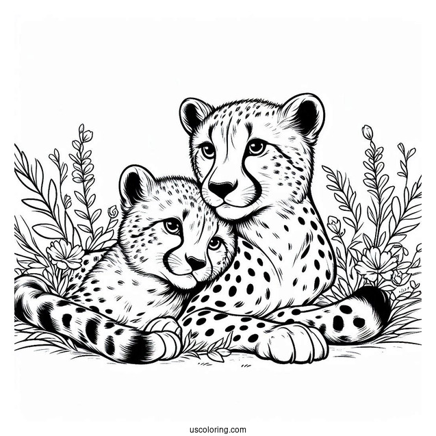 Two Cheetahs Coloring Page Cuddling