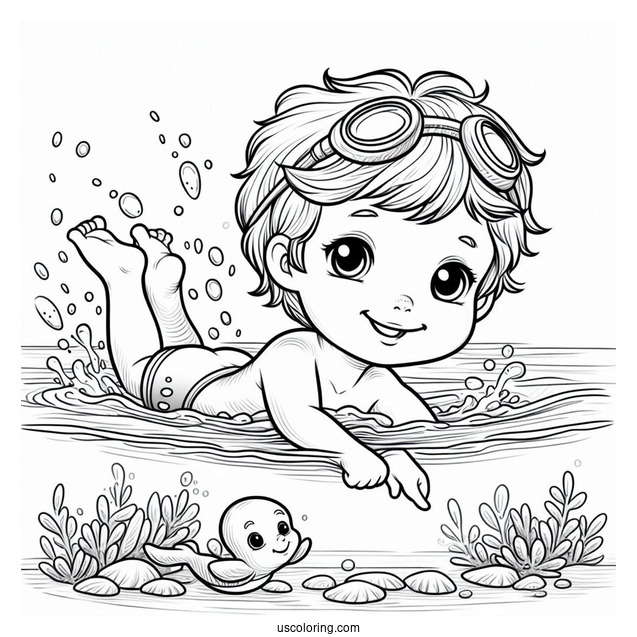 Realistic Little Boy And Girl Swimming Coloring Page