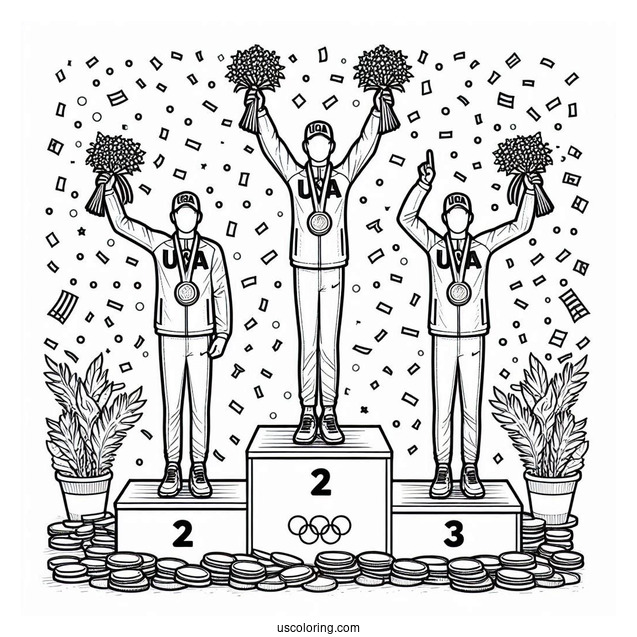 USA Olympics Coloring Page Champions On Tri level Podium With Confetti