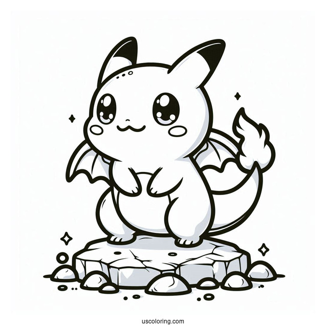 Kawaii Charizard Standing On A Rock Coloring Sheet