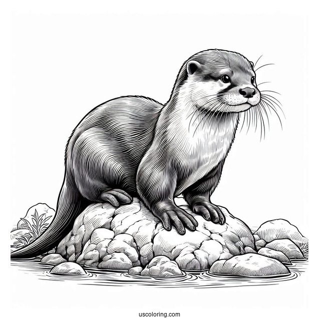 Realistic Otter Coloring Page Sitting On Rock