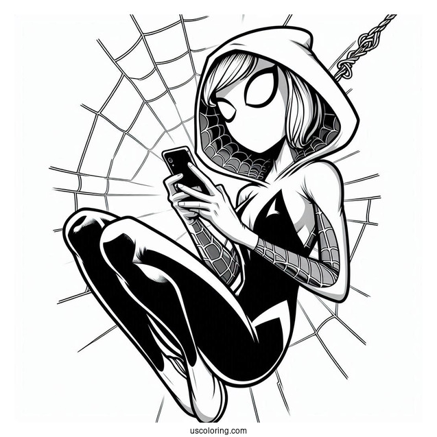 Spider-Gwen Coloring Page Texting While Swinging From A Web