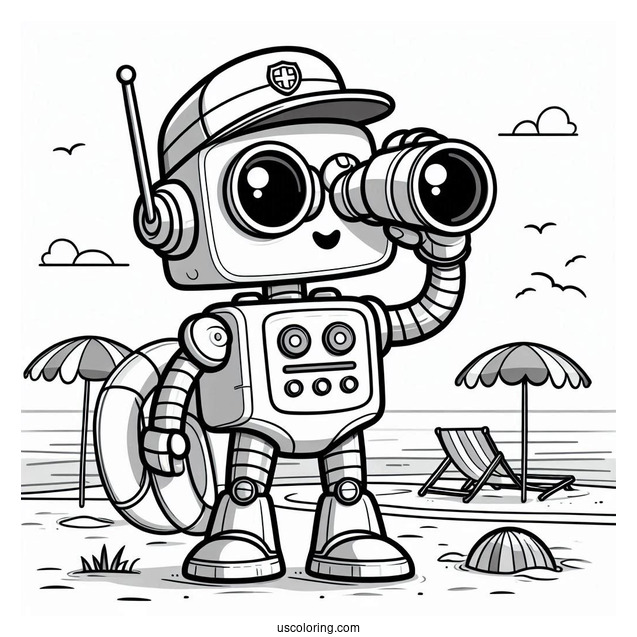 Robot Lifeguard With Binoculars At The Beach