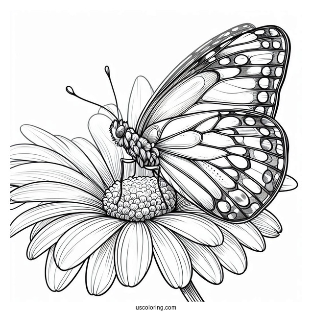Side Profile Of Butterfly On A Daisy Coloring Sheet