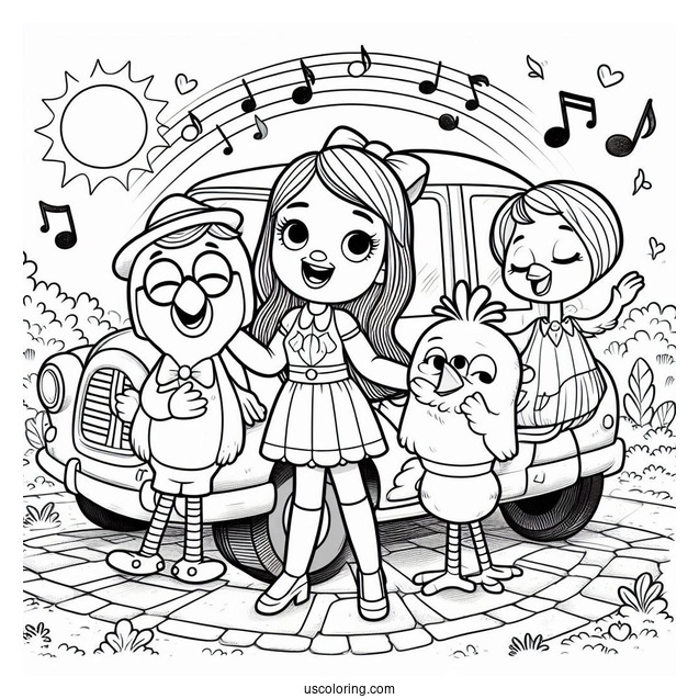 Sing Coloring Page Of Rosita, Gunter, And Friends Singing And Dancing In Front Of Car