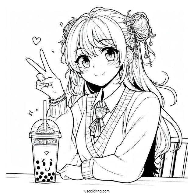 Manga Coloring Page Of Amelia Watson Making Peace Sign While Drinking Boba Tea