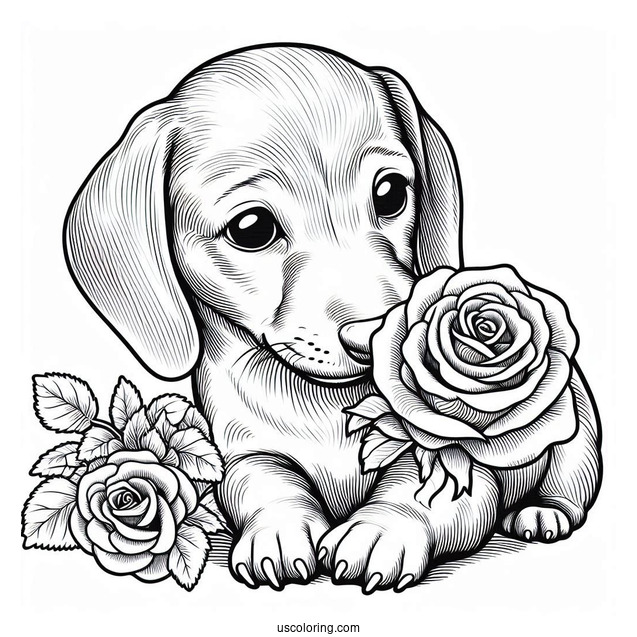 Dachshund Coloring Page Biting Down Rose