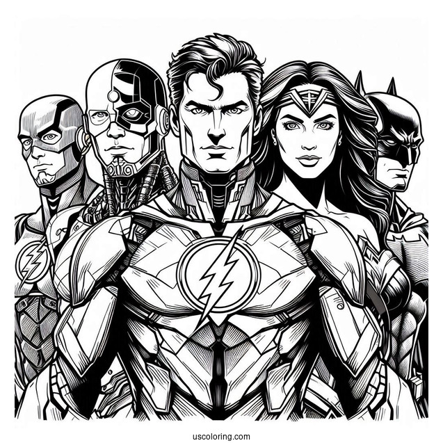 Justice League Coloring Page Of Cyborg, Green Lantern, Flash, Wonder Woman, Batman, And Superman