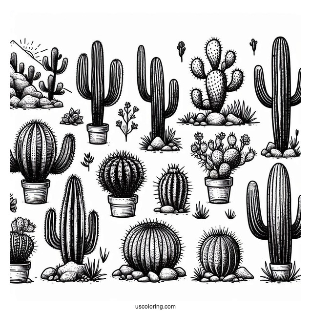 Various Cactus In Arizona Dessert To Color